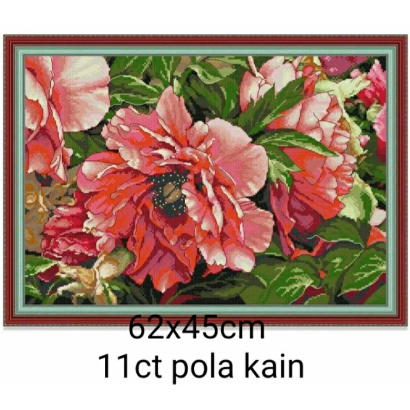 paket kristik pola kain 11ct bunga peony merah mekar