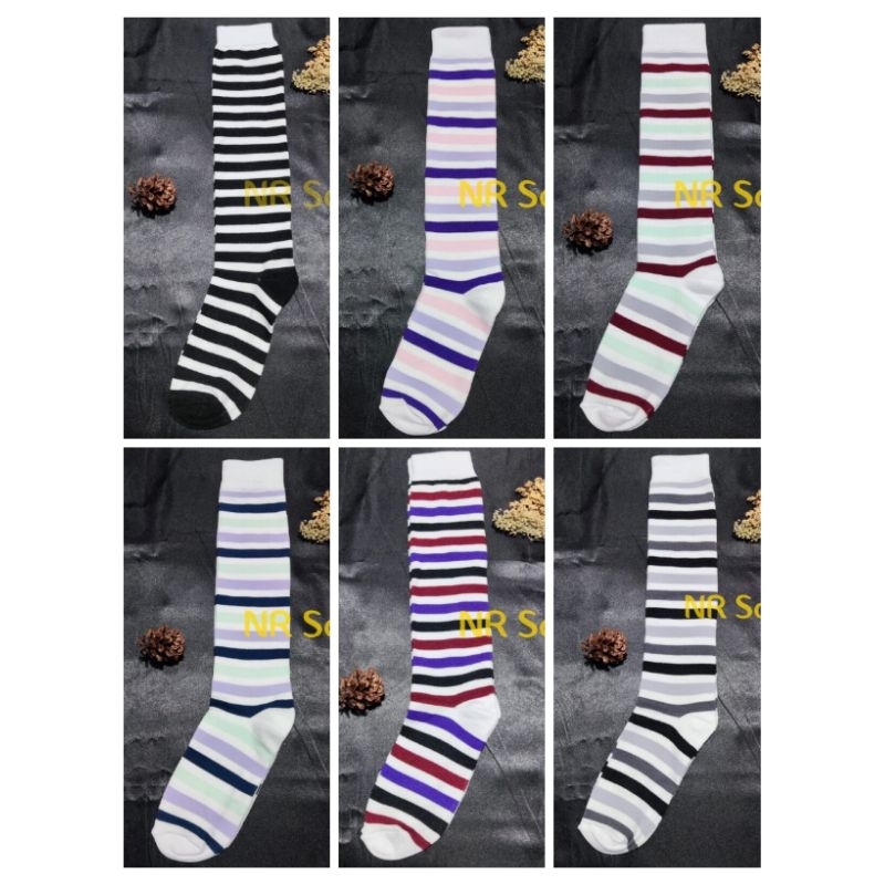 Kaos kaki motif salur panjang selutut / kaos kaki wanita korea / kaos kaki wanita dewasa/remaja