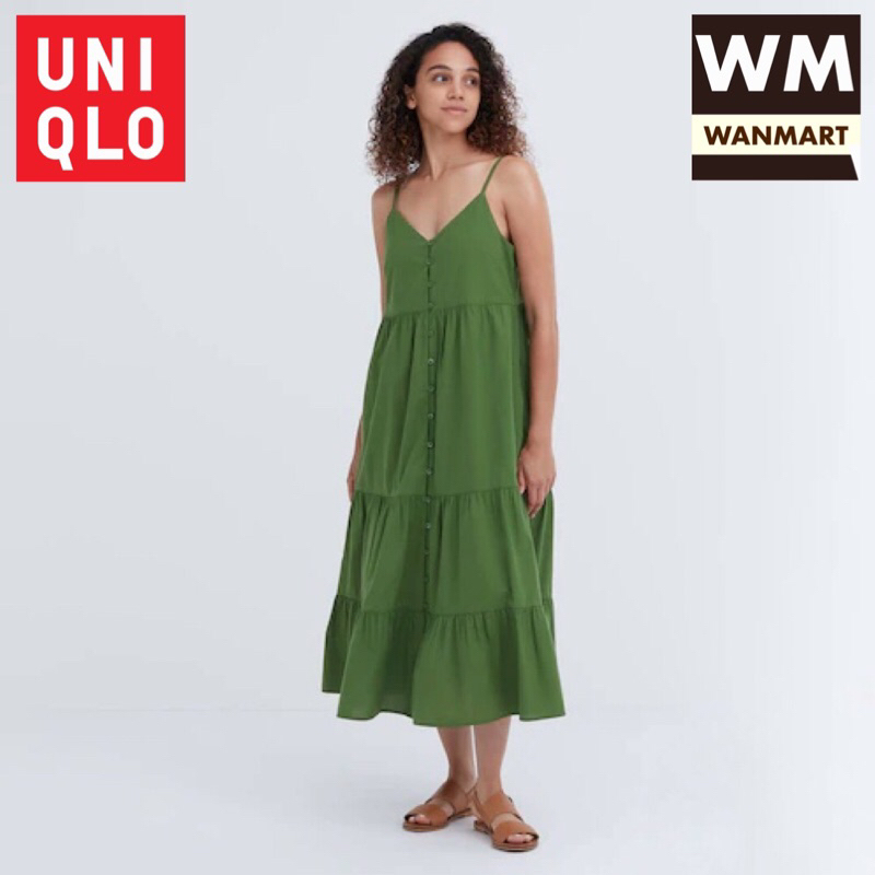 UNIQLO Camisole Tiered Dress Gaun Kamisol Katun Panel Wanita Green