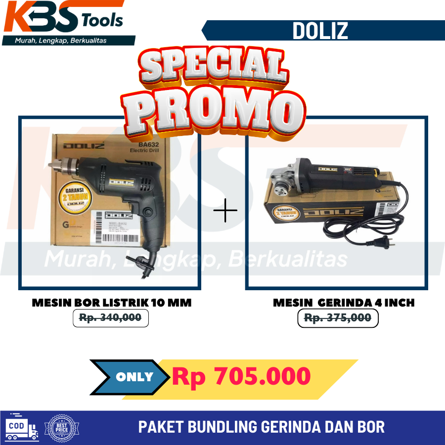 Paket Bundling Hemat DOLIZ Mesin Bor Listrik 10mm Set Gerinda Tangan 4 Inch Bundle Gurinda Bor