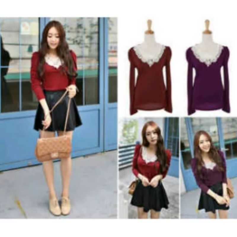 BLOUSE WANITA ATASAN BLUS MUSLIMAH LENGAN PANJANG BAHAN SPANDEK APLIKASI RENDA WARNA MARON DAN UNGU 