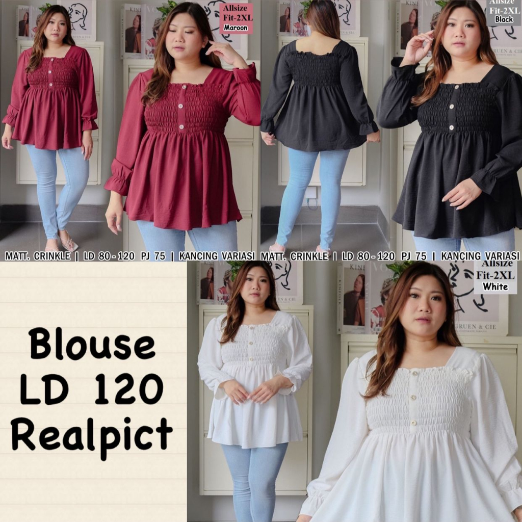 065 Blouse Fashion Allsize fit to 2XL Ukuran L XL XXL Dada Kerut Karet Lengan Panjang Polos Hitam Pu