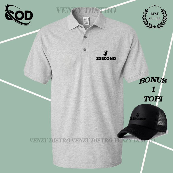 BONUS TOPI... COD T-shrit POLO kerah Dewasa Lengan Pendek Logo 3second Text Hitam KAOS SHIRT PRIA KE