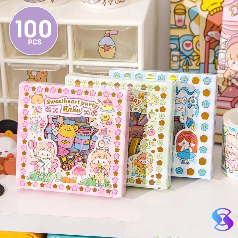 

100PCS stiker tidak sama/100 Lembar Stiker Motif Kartun Korea Lucu Anti Air Dekorasi Handbook Scrapbook DIY-Suning Mall