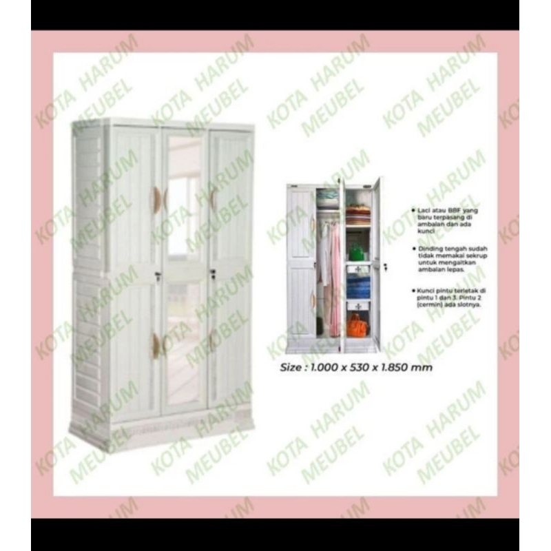 lemari pakaian plastik 3 pintu kaca putih napolly CABRO - terpasang