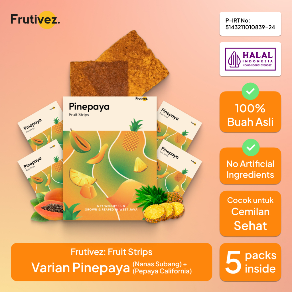 

[5 Pack] Frutivez Pinepaya Fruit Strips - Dehydrated Fruits - Snack Cemilan Buah