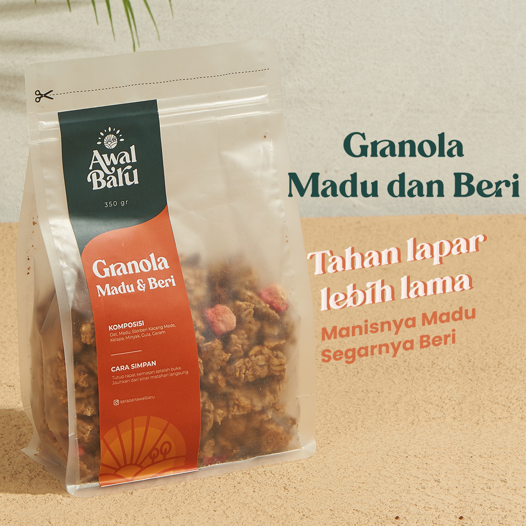 

Awal Baru Granola Madu & Beri 350g - Sarapan Sehat, Lebih Kenyang, Cereal, High Quality, Penuh Serat, Oven Baked (Lebih Nikmat Dengan Susu atau Yogurt)