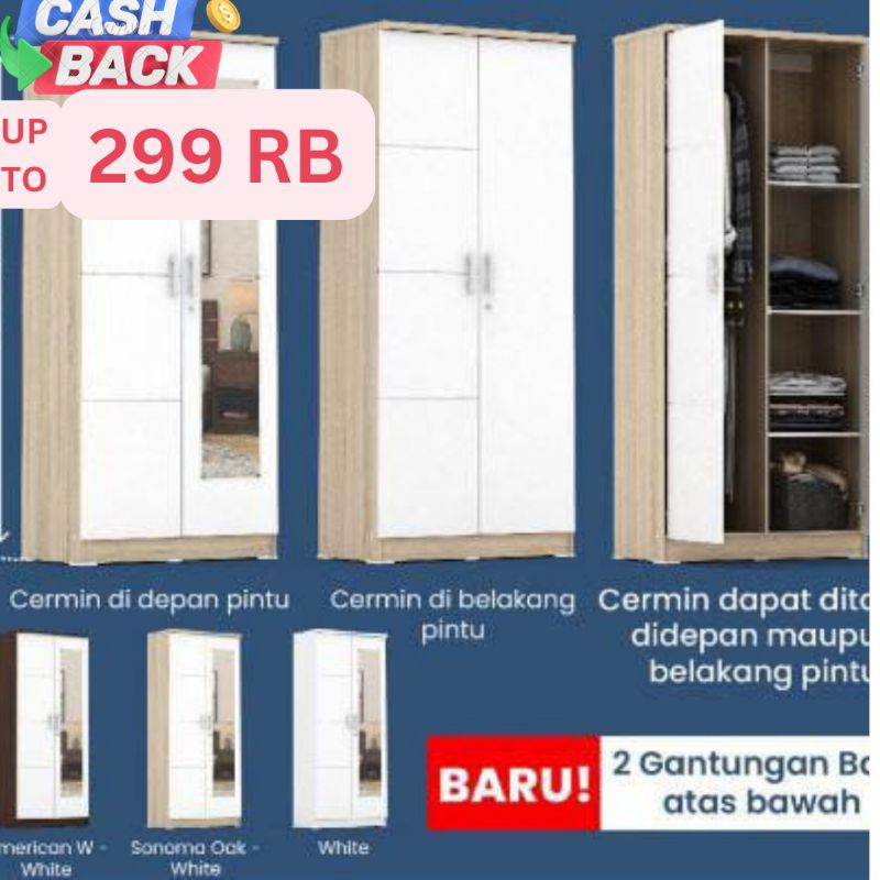 Termurah Lemari Pakaian 2 Pintu + Cermin Alba BAZ 2MN LT 2M 2P N 2M 2 P 2 M  - Walnut BISA GAMIS / P