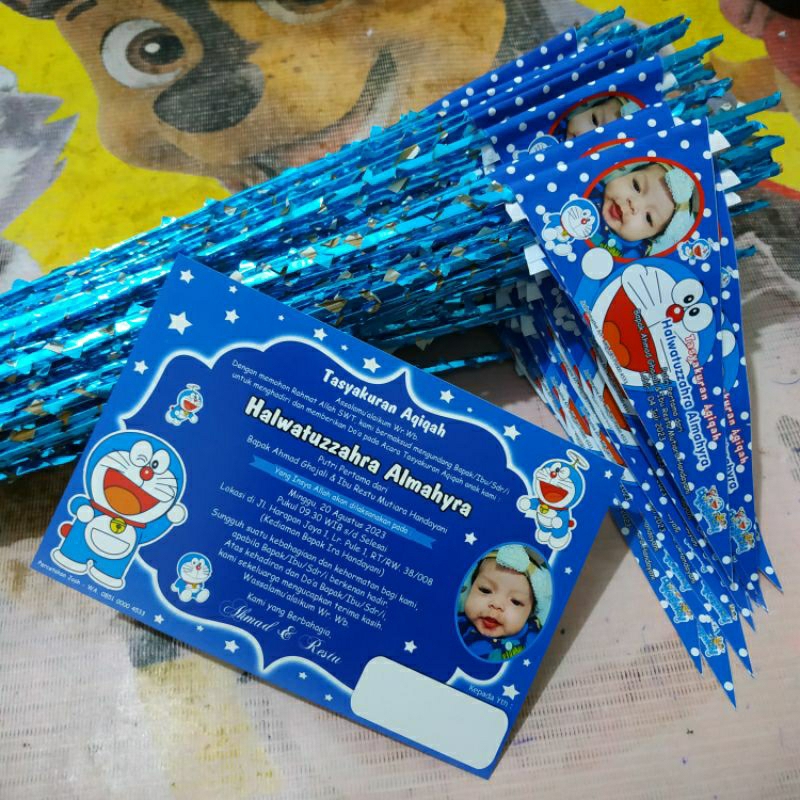 (1 hari jadi) Undangan Bendera tasyakuran aqiqah khitan doraemon