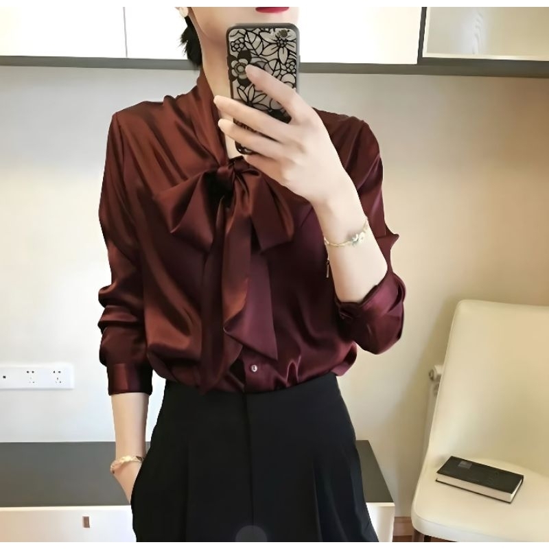 Korean Style Atasan Blouse Kemeja Casual Bahan Satin Silk Premium/ Atasan Wanita Basic Polos Terbaru