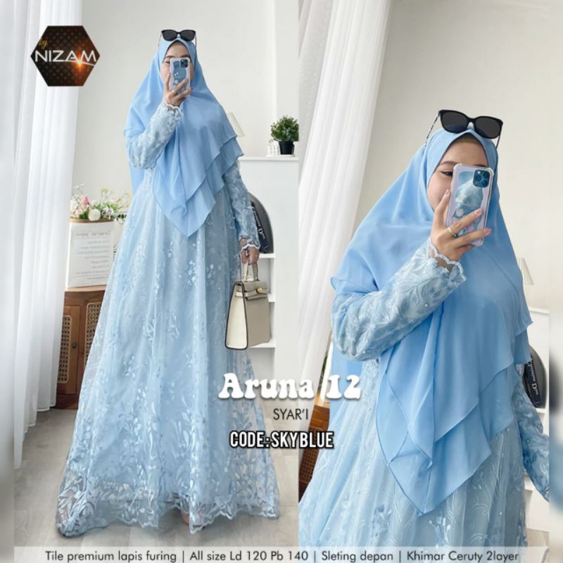 ARUNA SYARI 12 /GAMIS SYARI JUMBO MOTIF LD 120 PESTA PARTY DRESS PREMIUM CERUTY BABYDOLL TILE MUSLIM