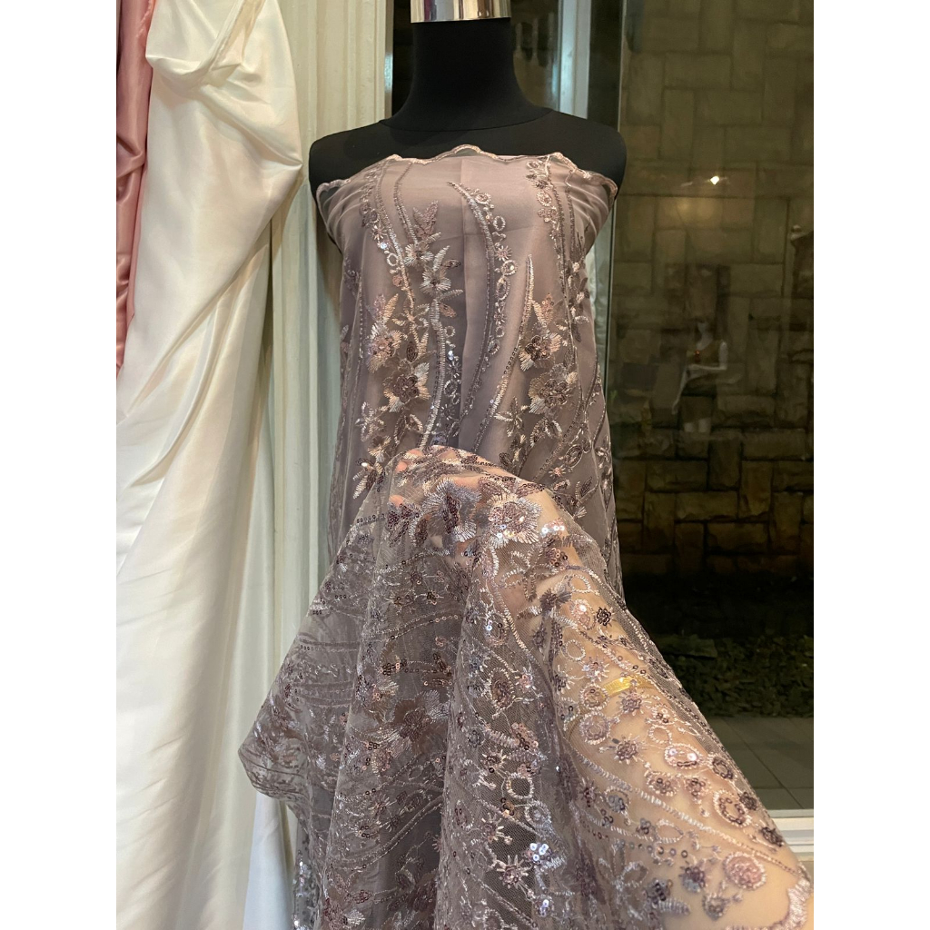 Bahan Kain Kebaya Brokat Tile Bordir Payet Mewah Elizabeth Motif 3 Warna Dusty Purple Rosegold  Gold