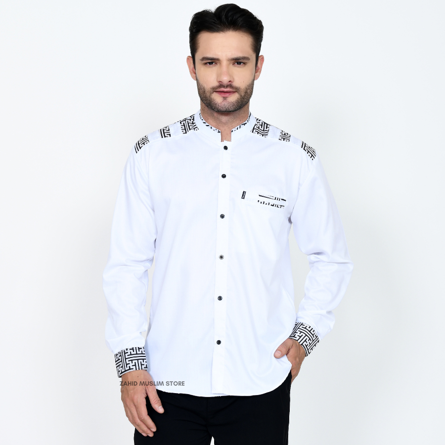 Baju Koko Pria Lengan Panjang Pendek Motif Annos Kombinasi Batik Warna Putih - Baju Muslim Pria Baju