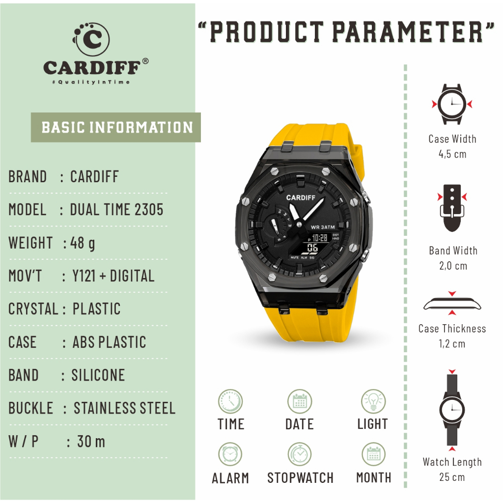 CARDIFF DT 2305 Jam Tangan Pria Dual Time Water Resist