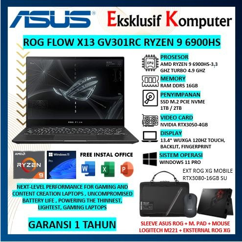 LAPTOP ASUS ROG FLOW X13 GV301RC AMD RYZEN 9 6900HS RAM 16GB DDR5 SSD 1TB + EKSTERNAL ROG XG