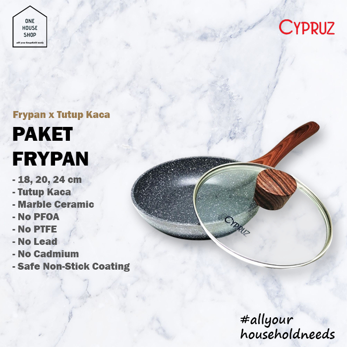 Frypan Frying Pan Saute Pan Teflon Penggorengan Marble Ceramic Anti Lengket Tutup Kaca 20 cm Cypruz