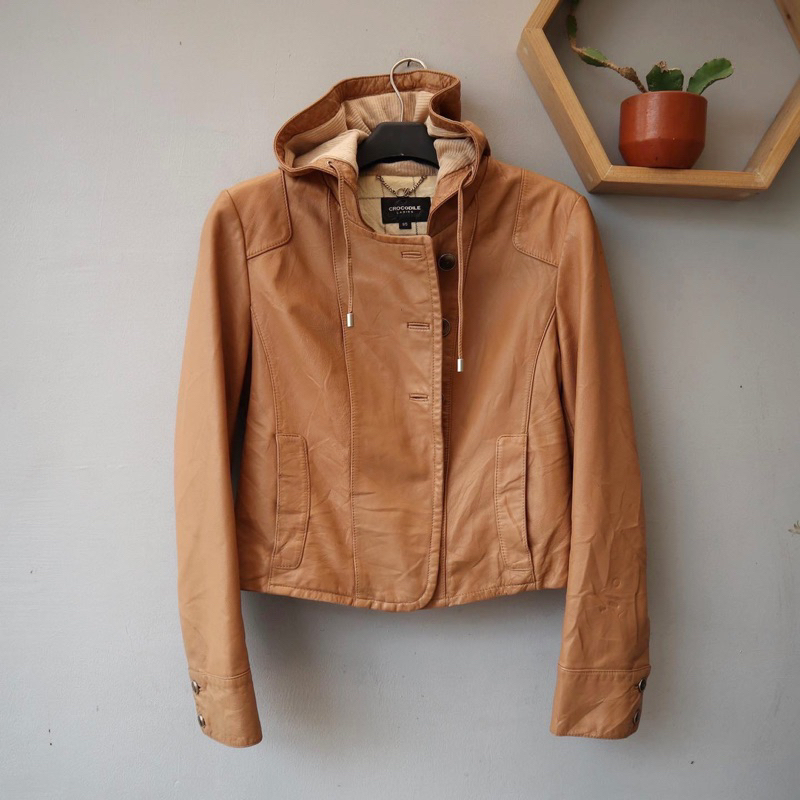 Crocodile Ladies Jaket kulit hoodie coklat Pl bekas preloved second