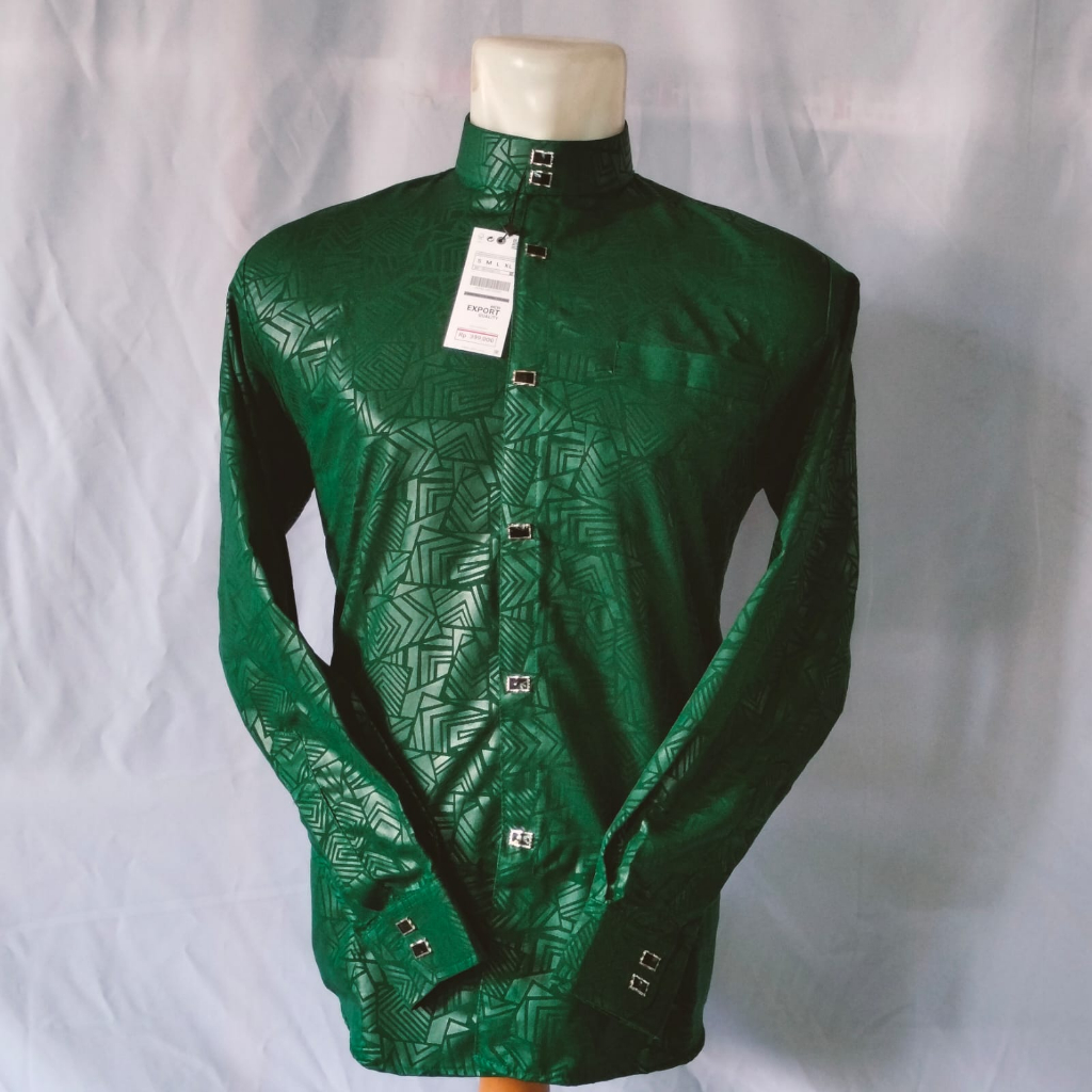 Kemko sultan Baju koko pria dewasa Kancing kotak Warna hijau Lengan manset panjang Terbaru 2024