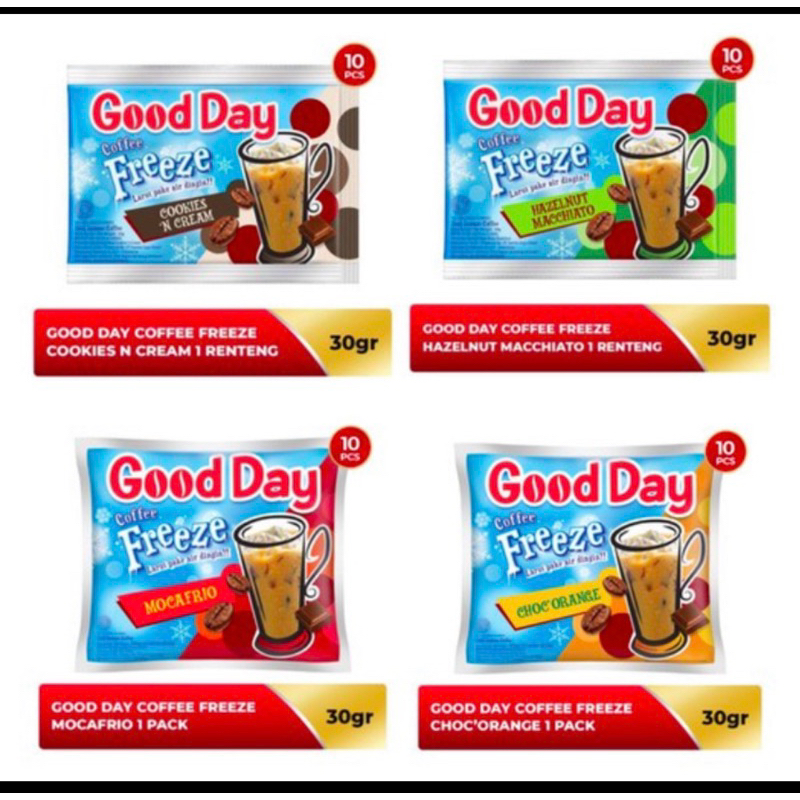 

Goodday Freeze all varian Mocafrio / choc orange / hazelnut / cookies n cream renceng renteng isi 10 sachet / Good Day