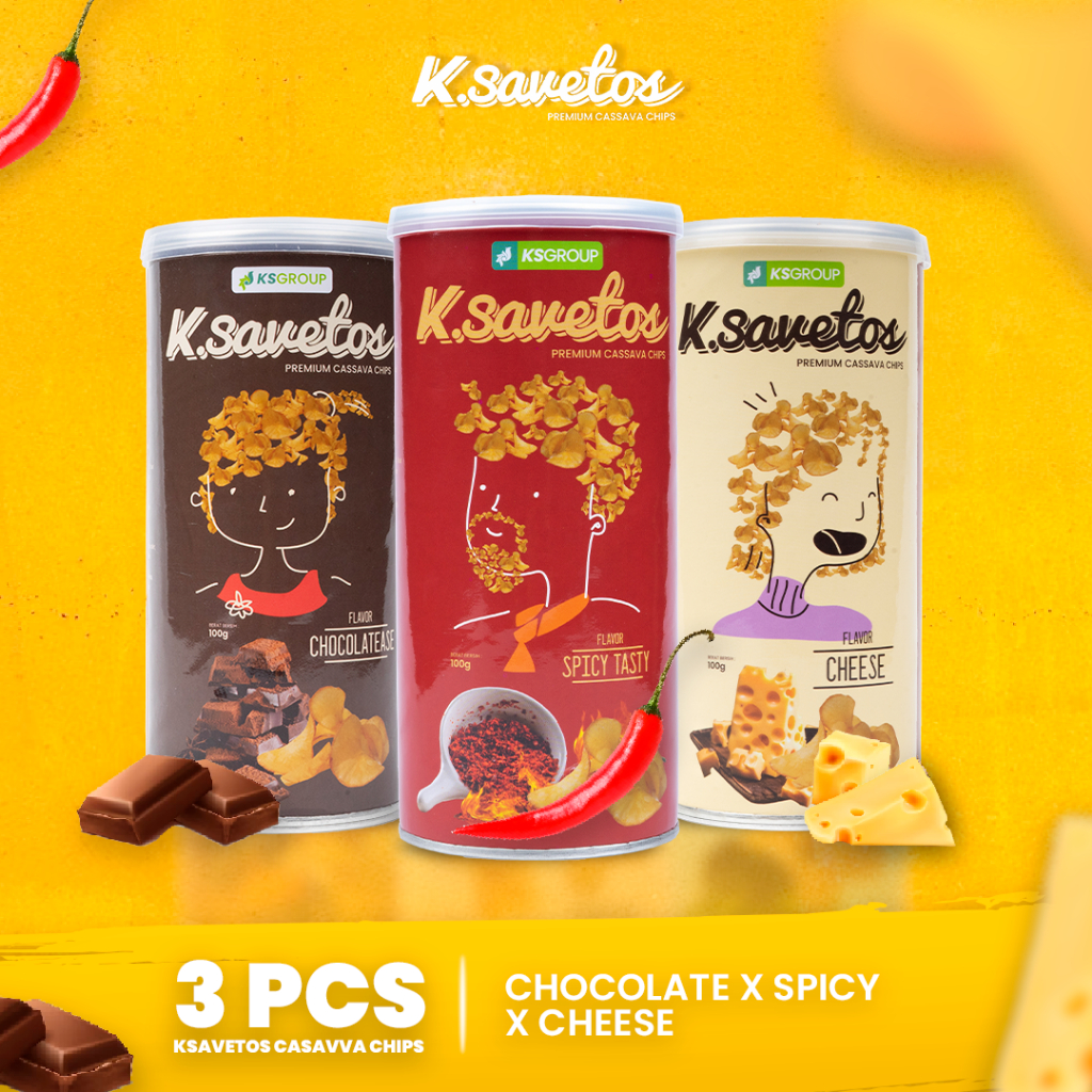 

K.Savetos Cemilan Keripik Singkong Mix Coklat x Spicy x Cheese / Cemilan - Snack / Kripik pedas manis asin - K.savetos