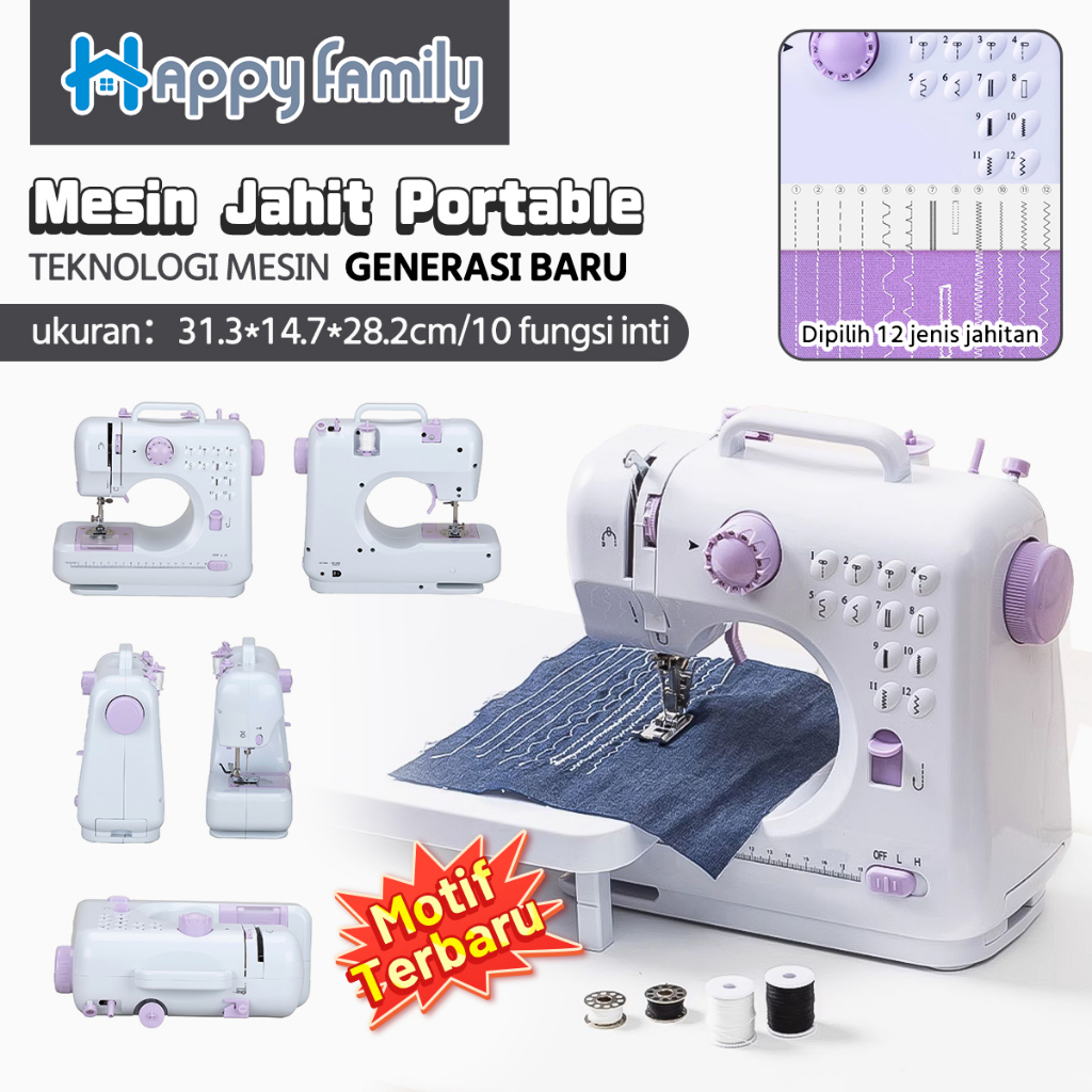 Happy Family Mesin Jahit Mini Portable 505A 12 Jenis Pola Jahitan Mesin Jahit Pakaian Listrik + Lampu Malam