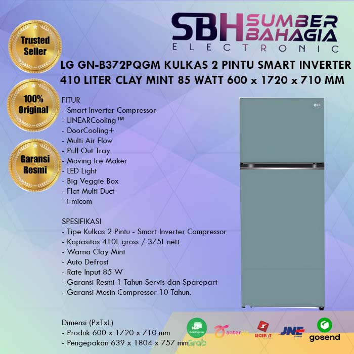 LG GN-B372PQGM KULKAS 2 PINTU SMART INVERTER 410 LITER CLAY MINT 85 WATT 600 x 1720 x 710 MM  (NEW) 
