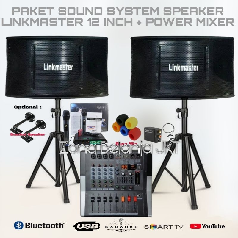 PAKET SOUND KARAOKE INDOOR OUTDOOR SPEAKER LINKMASTER 12 INCH POWER MIXER 4 CHANNEL USB BLUETOOTH MI