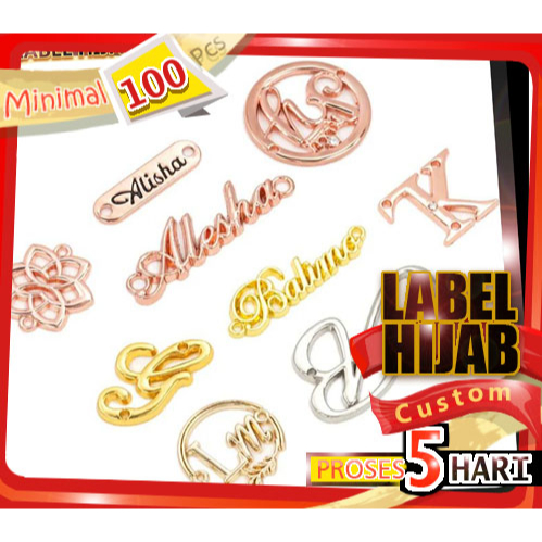 Pabrik cetak label plat hijab custom untuk beragam kebutuhan merk logo bahan logam presisi dan tajam