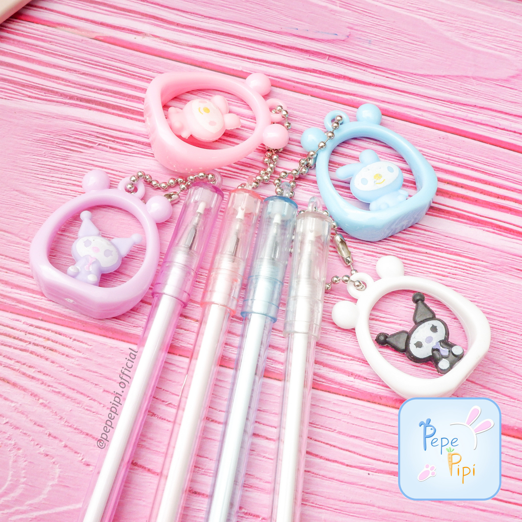 

4 & 12 pcs Pena Gel Gantungan Sanrio Dalam Lingkaran Kuromi My Melody Melodi Pulpen Bolpen Bollpoint Tinta Hitam