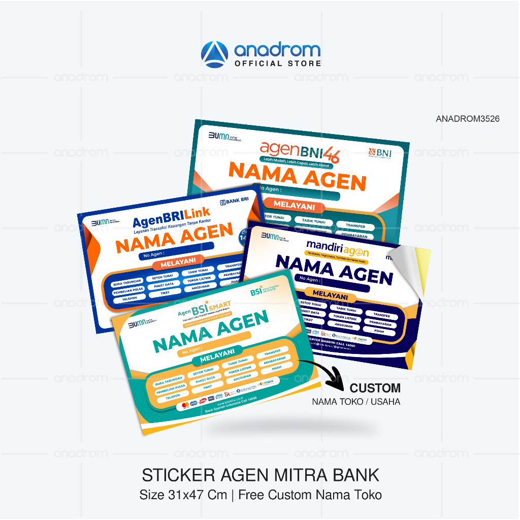 

Sticker Agen Mitra Bank BRI, BSI, BNI, MANDRI | Sticker Tempat Usaha Agen Bank BRI, BSI, BNI, MANDRI Dan Lainnya | Anadrom 3526