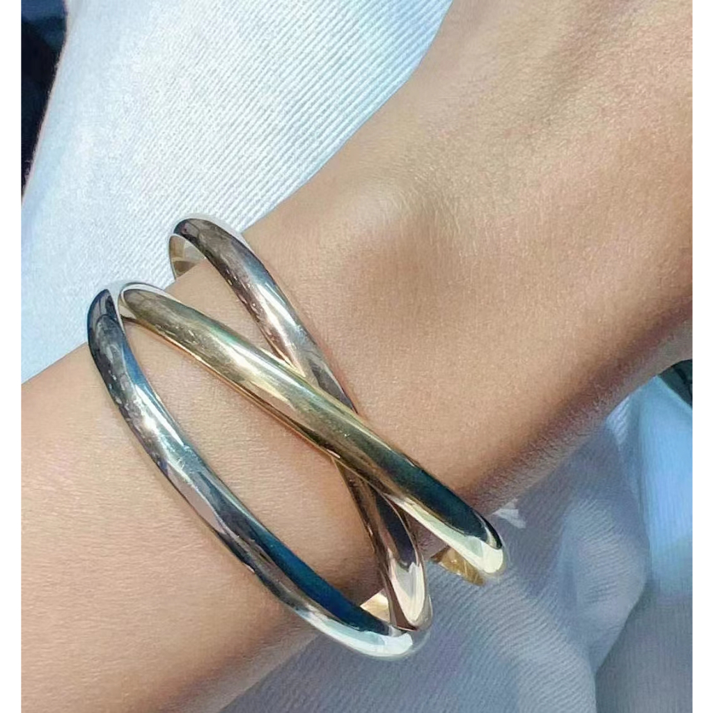 【17K / 750 emas asli / kadar 3.0 gram】Ca-rti-er Tri Color Tri Ring Gold Trinity Bracelet