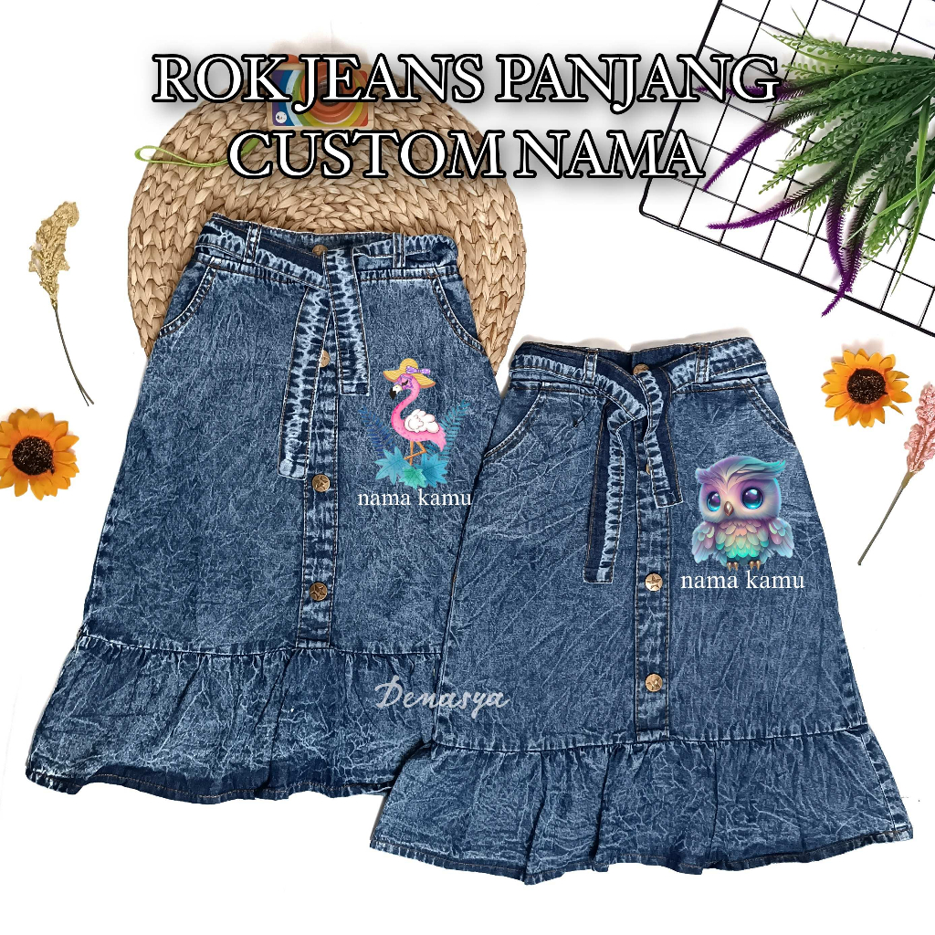 ROK JEANS ANAK PEREMPUAN / ROK PANJANG MOTIF BONEKA / ROK JEANS ANAK 1-12 TAHUN