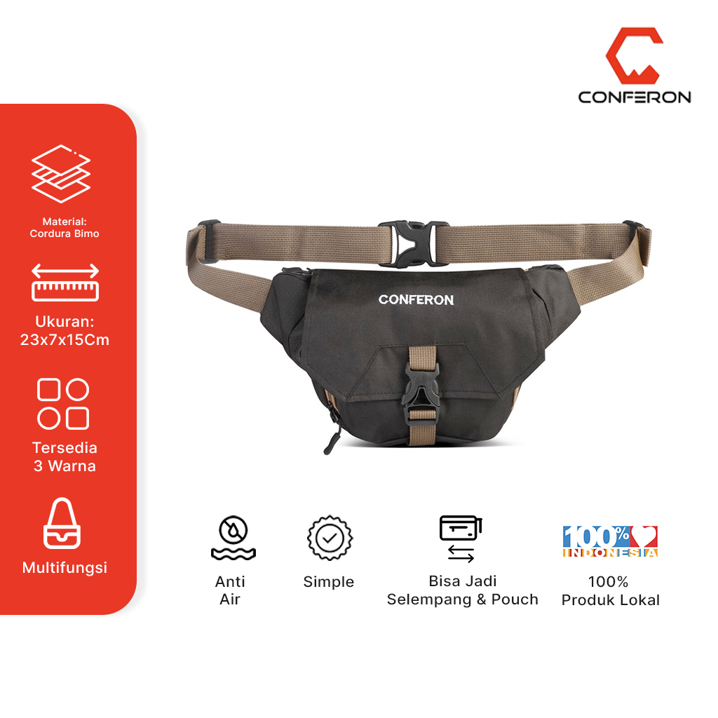 Conferon - Tas Simple Dompet Selempang 01 Bahan Cordura Resleting Warna Hitam Slingbag Untuk Segala 