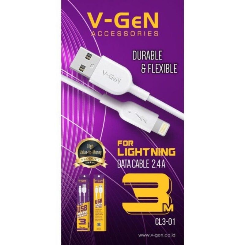 Kabel Data V-Gen Iphone CL3-01 2.4A Kabel Casan Charger Vgen Iphone CL3-01 2.4A 3M For Lightning Ori