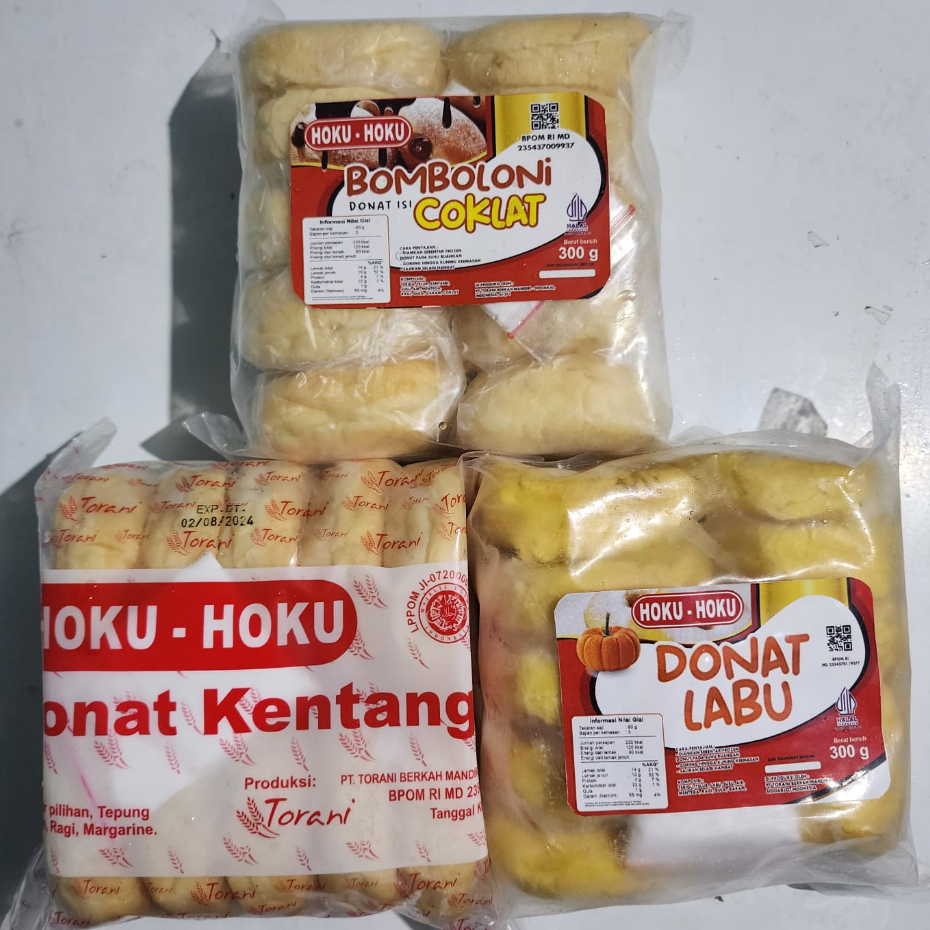 

Hoku Hoku Donat Kentang, Labu Kuning, Bomboloni, Kemasan 300gr