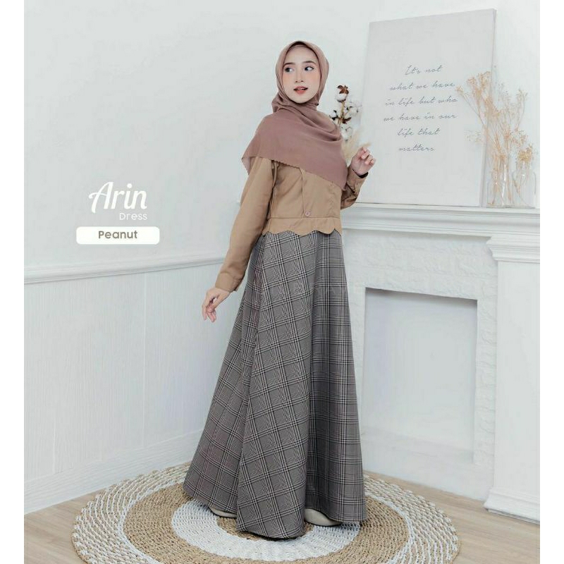 ARIN DRESS JILBRAVE | Gamis Simple Aksen Gelombang Cute Motif Kotak Bahan Katun dan Semiwol