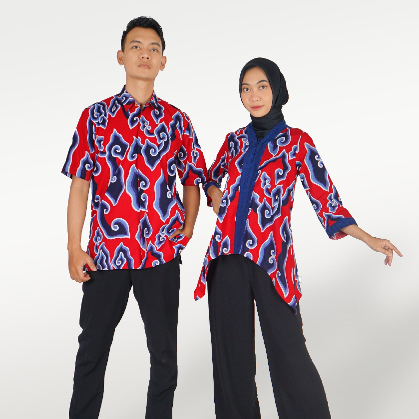 BATIK TRUSMI Set Couple Blouse dan Kemeja Batik Mega Mendung Merah Premium