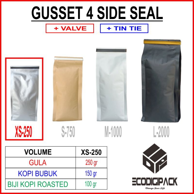 

KEMASAN KOPI 100 GR - GUSSET FOUR SIDE SEAL XS-250 VALVE TIN TIE ALUFOIL