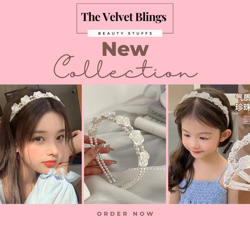 Thevelvetblings | Bando Rambut mutiara Bunga Headband Rose Putih aksesoris