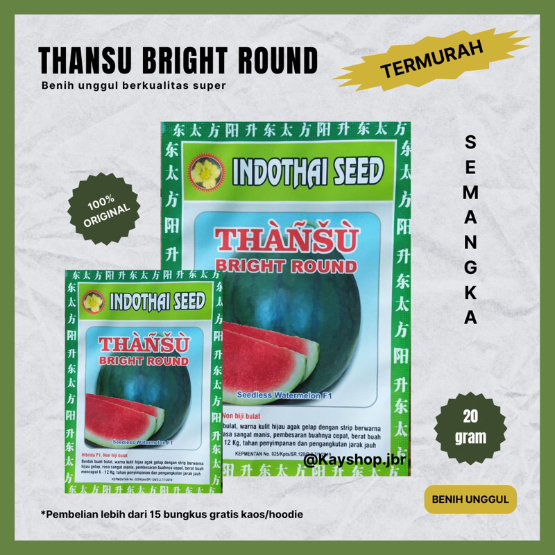 Benih Semangka Merah Non Biji Bulat THANSU BRIGHT ROUND - cap Indothai Seed (isi -+ 300 biji)