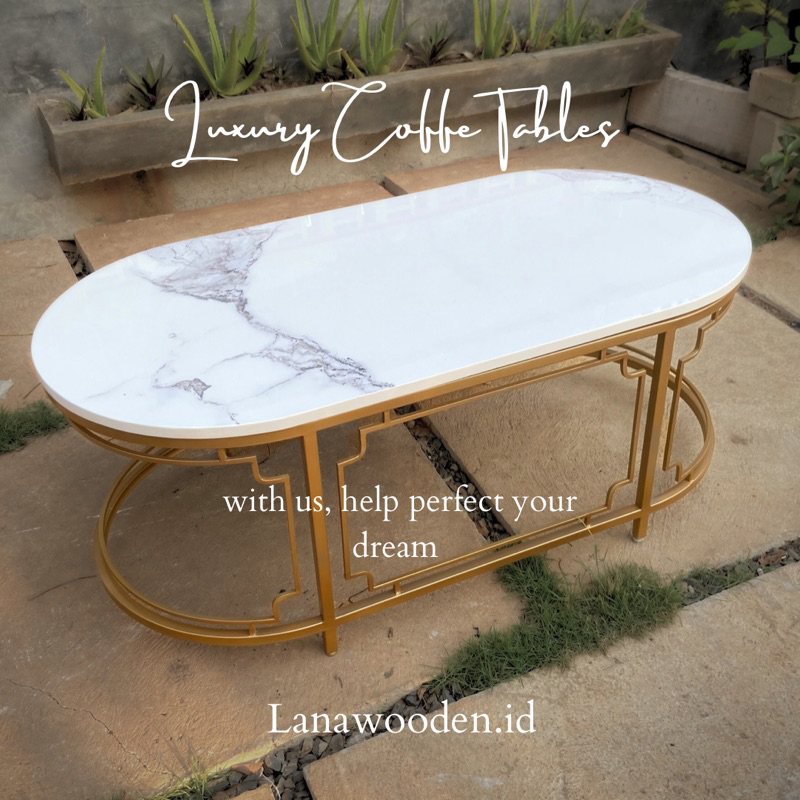 Luxury oval coffe table minimalis material top meja marmer asli kombinasi kaki besi finishing gold m