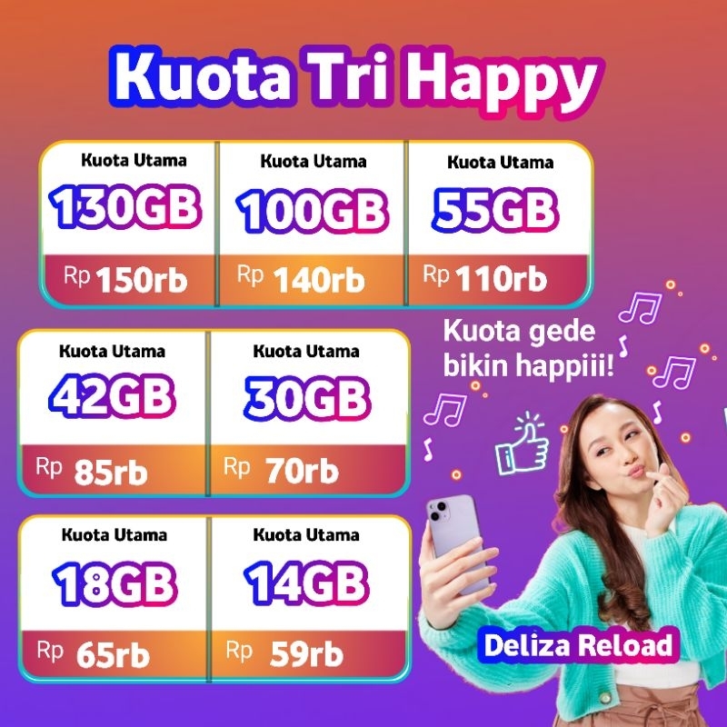 Kuota Tri Hapyy 50GB 100GB 130GB Murah Inject Isi Ulang