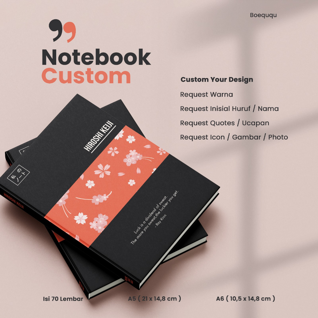 

[NEW JAPANESE SAKURA] - Boeququ Notebook Agenda Custom Nama Quote / Buku Hardcover A5 A6 Isi 70 Lbr