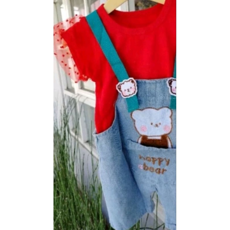 set overall jeans anak perempuan lengan balon 1-5tahun