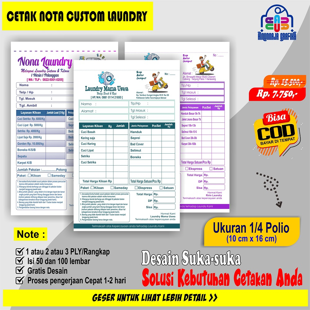 

Nota Laundry custom ukuran 1/4 folio 50 dan 100 lembar ,cetak Nota Luandry custom pake nama sendiri