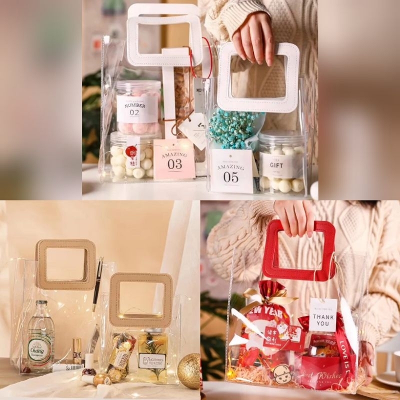 

GOODIE BAG PVC LEATHER KULIT HAMPERS SOUVENIR TAS HANDLE PUTIH GOLD MERAH