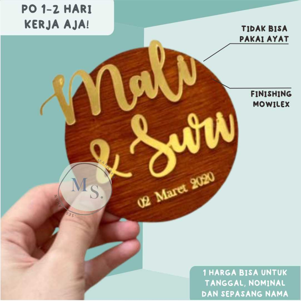 READY nama kayu bulat tulisan akrilik hiasan mahar / scrabbook chipboard mahar seserahan rustic diy 