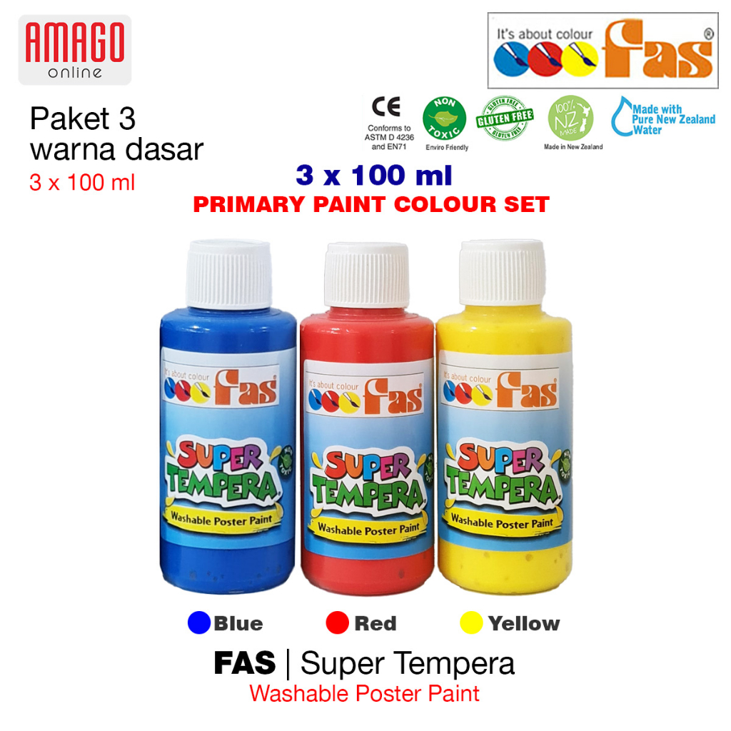 

FAS Super Tempera Primary Colour Set - Cat Lukis Sekolah - Paket 3 Warna dasar Yellow Blue Red 3x100 ml