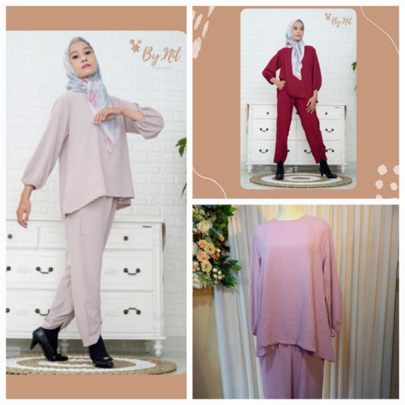 One Set Blouse dan celana Kece Matt Linen Crinkle Premium