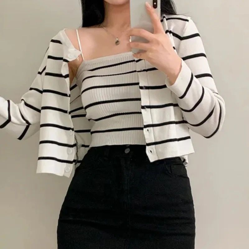 Basic id fashion COD Setelan cardigan riani knit rajut / Set korean style stripe / Set cardigan + Da